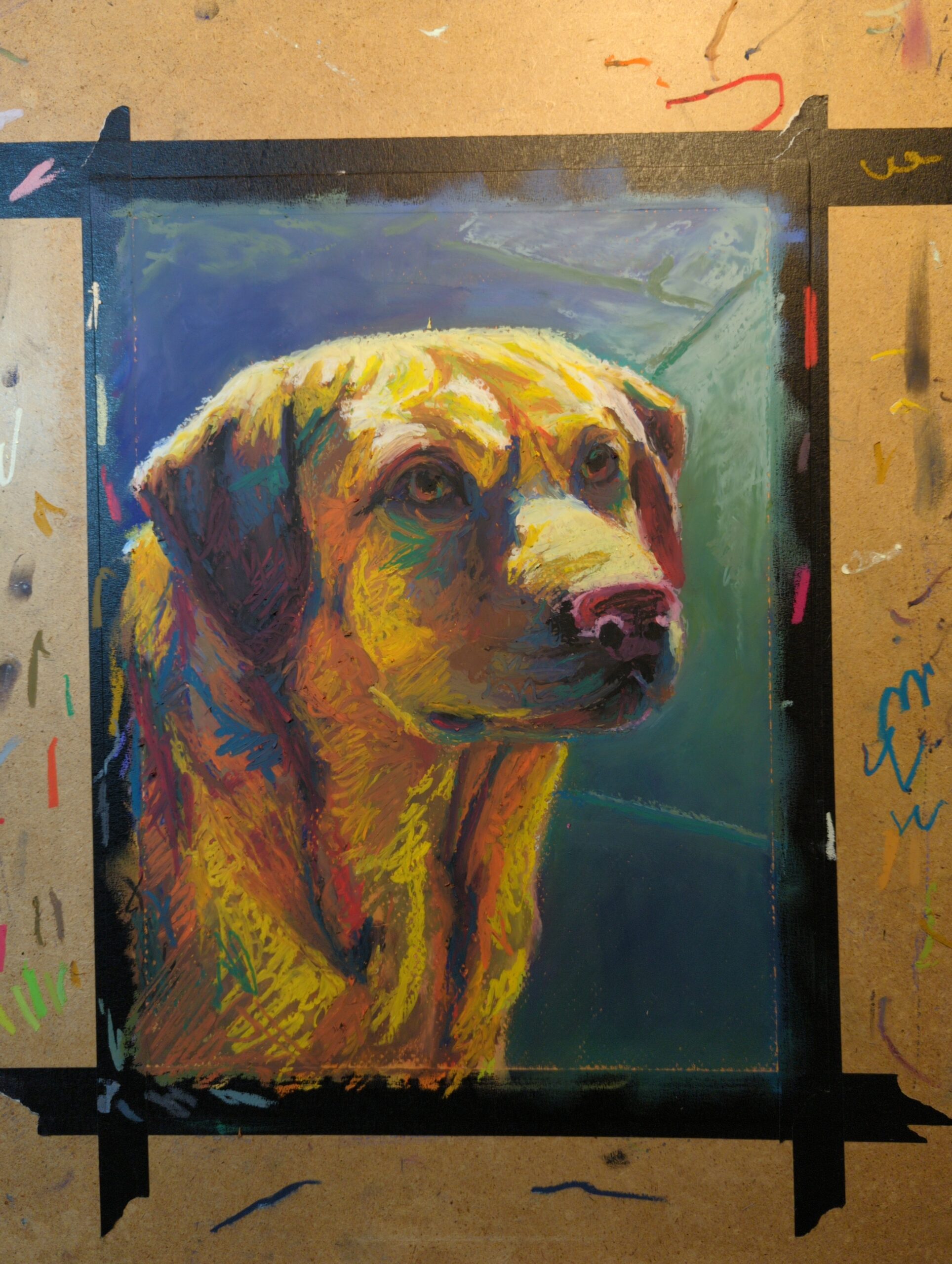 oil pastel dog portrait in progress