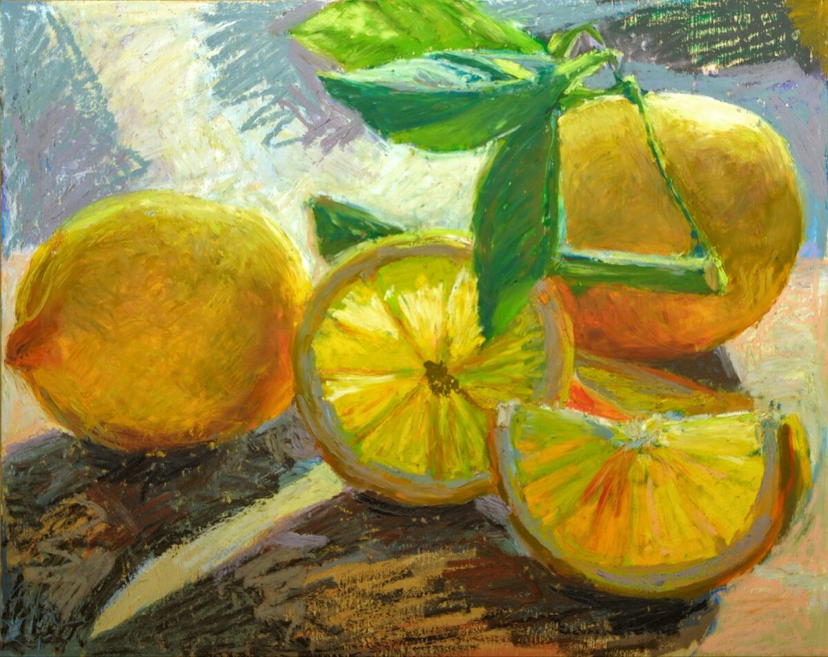 still life with lemons in oil pastel